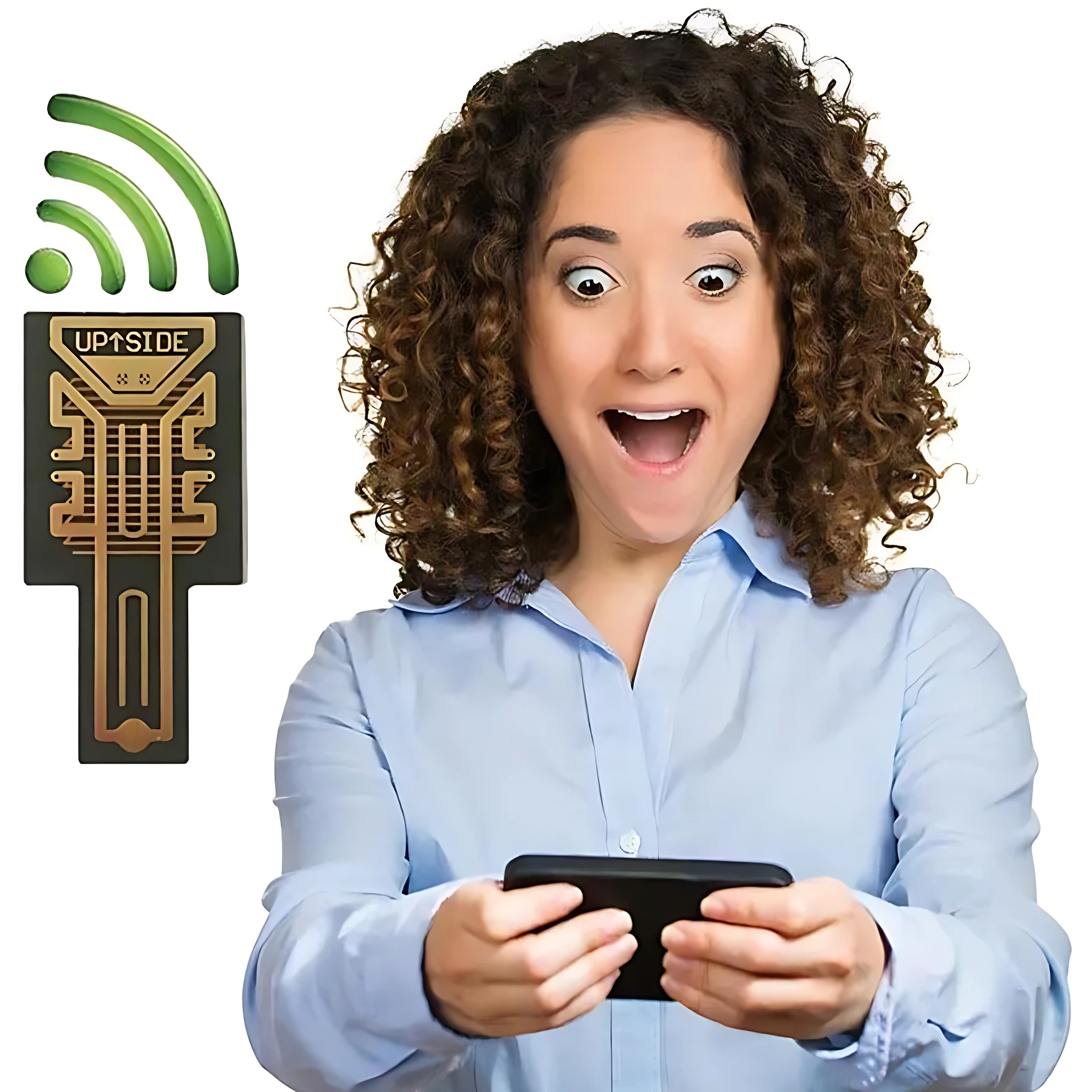 Amplificador de señal móvil con antena externa verde y dispositivo negro en manos de mujer con camisa azul claro, mostrando expresión sorprendida.