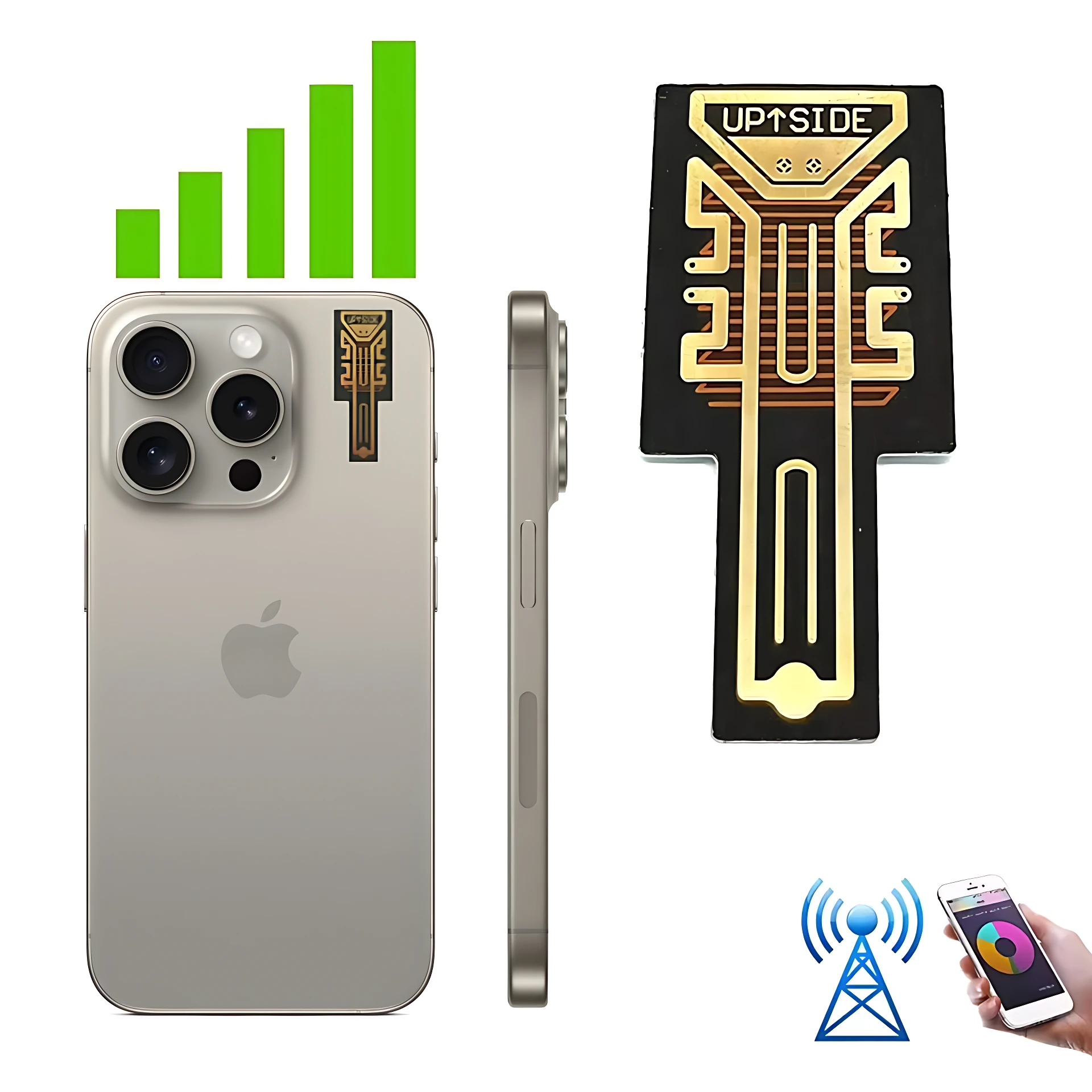 Amplificador de señal móvil con diseño en forma de llave, color negro y detalles dorados, mostrando vista trasera de smartphone con aplicación instalada y de barras de señal verde ascendente.