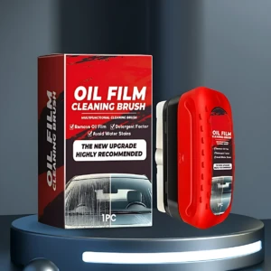 Caja roja de limpiaparabrisas multifuncional con cepillo para eliminar aceite y evitar manchas de agua, junto con el dispositivo en color rojo y negro sobre pedestal circular.
