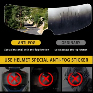 Película antiniebla para casco, comparación entre versión con función antiniebla y ordinaria, mostrando visibilidad clara frente a empañamiento. Incluye tres cascos con símbolo de prohibición sobre visor empañado.