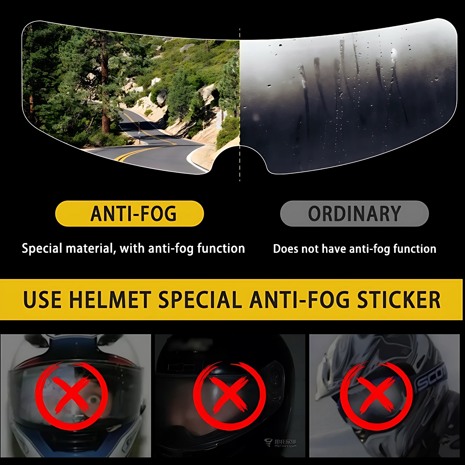 Película antiniebla para casco, comparación entre versión con función antiniebla y ordinaria, mostrando visibilidad clara frente a empañamiento. Incluye tres cascos con símbolo de prohibición sobre visor empañado.