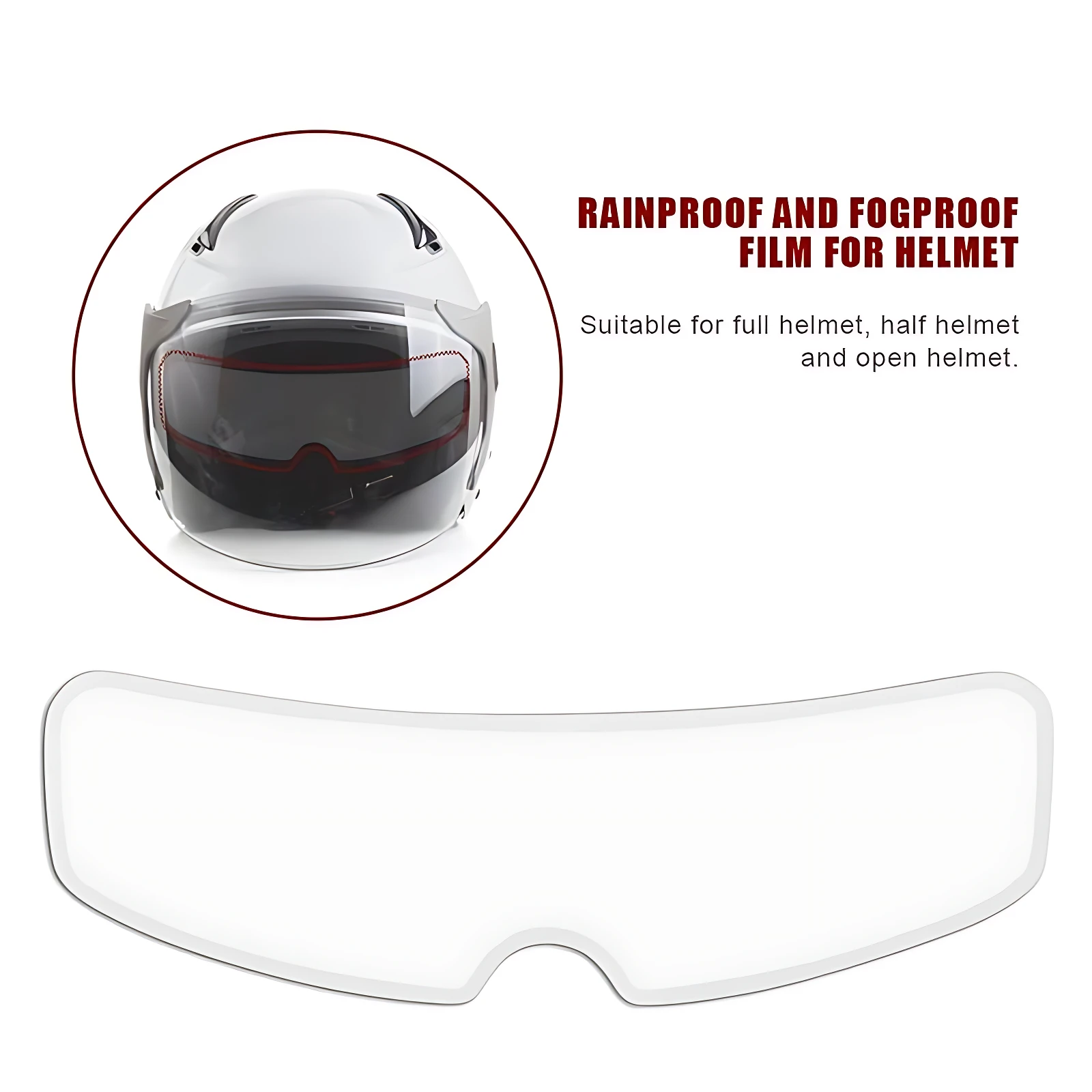 Película antiniebla transparente para casco de moto, con visor blanco y detalles en rojo; incluye muestra del producto aplicado en casco blanco.