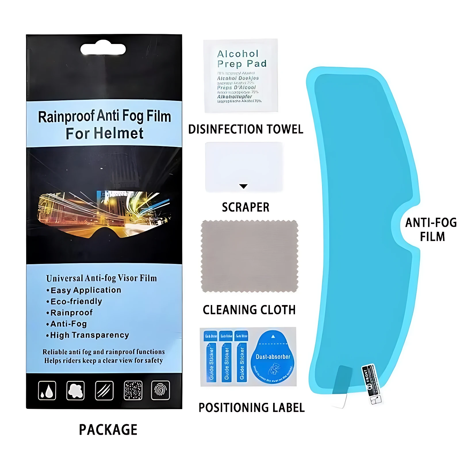 Pack de película antiniebla para casco con toallita de limpieza, alcohol, raspador y etiquetas posicionadoras. Incluye film azul claro y accesorios para instalación.