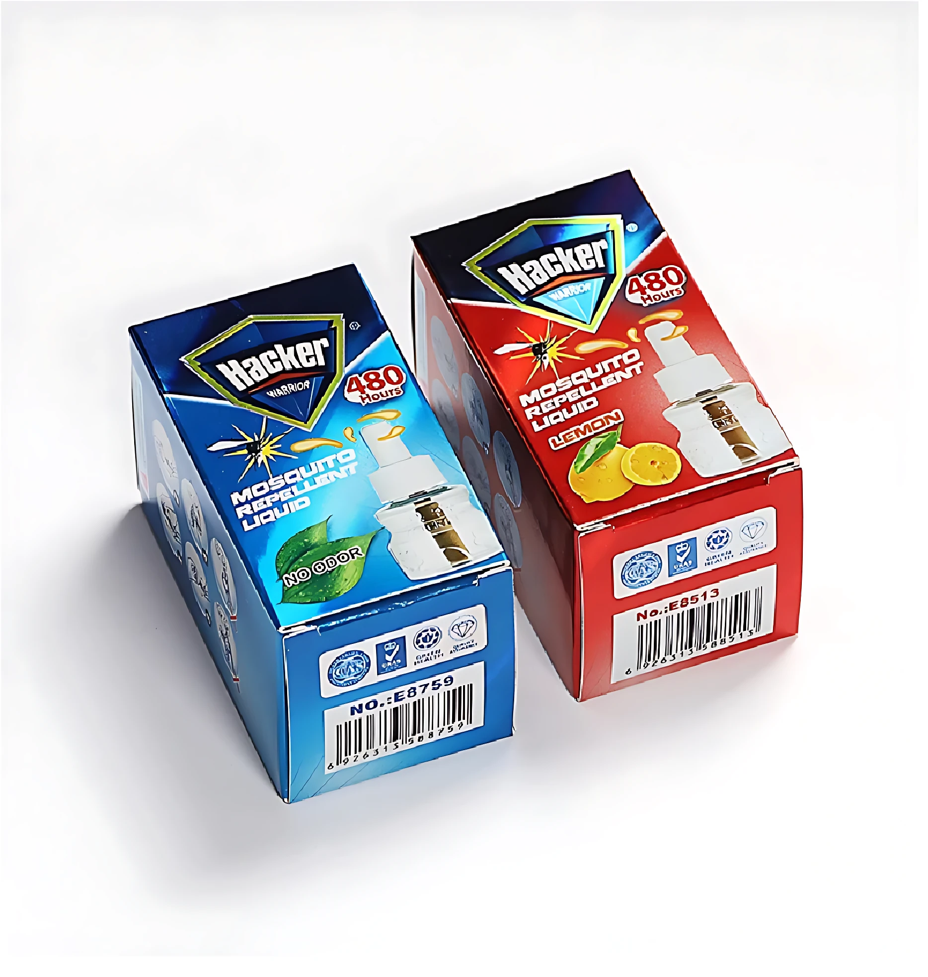Dos cajas de líquido repelente de mosquitos Hacker, una azul con aroma a limón y otra roja con aroma a naranja, mostrando el frasco transparente y etiquetas con códigos de barras.