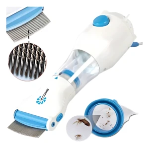 Aspiradora eléctrica V-Comb blanca y azul para eliminar piojos y liendres del cabello.
