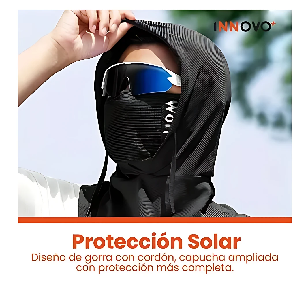 Balaclava negra con capucha ajustable y cordón, usada en ciclismo o senderismo para protección solar y contra el viento.