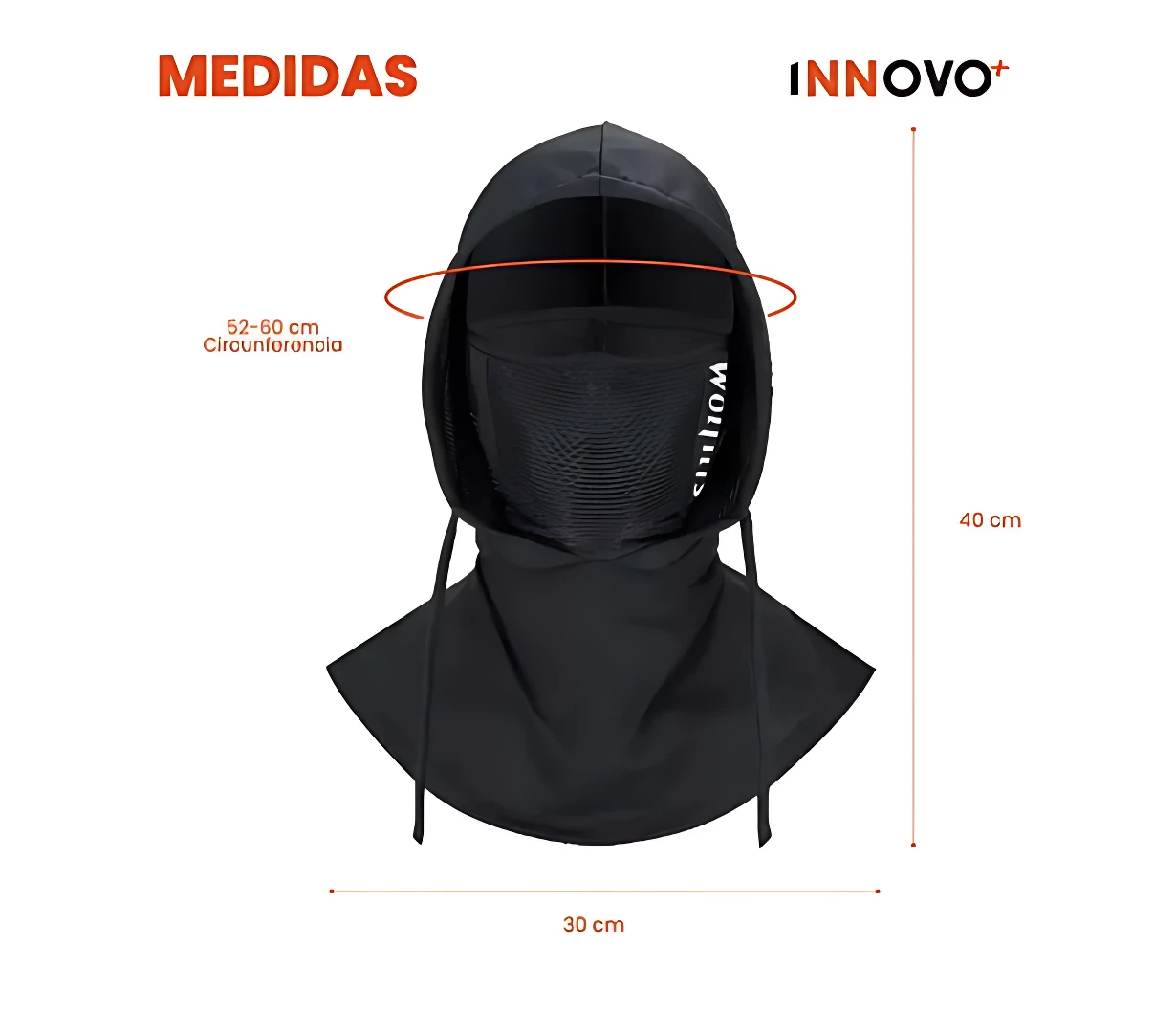 Balaclava negra para ciclismo y senderismo, con capucha ajustable y visera de malla. Muestra medidas: 30 cm de ancho, 40 cm de alto y circunferencia de 52-60 cm. Protección UV y ventilación facial.