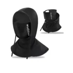 Balaclava negra de ciclismo y senderismo con malla frontal para protección UV, vista frontal y lateral. Incluye cordones ajustables y logo visible.