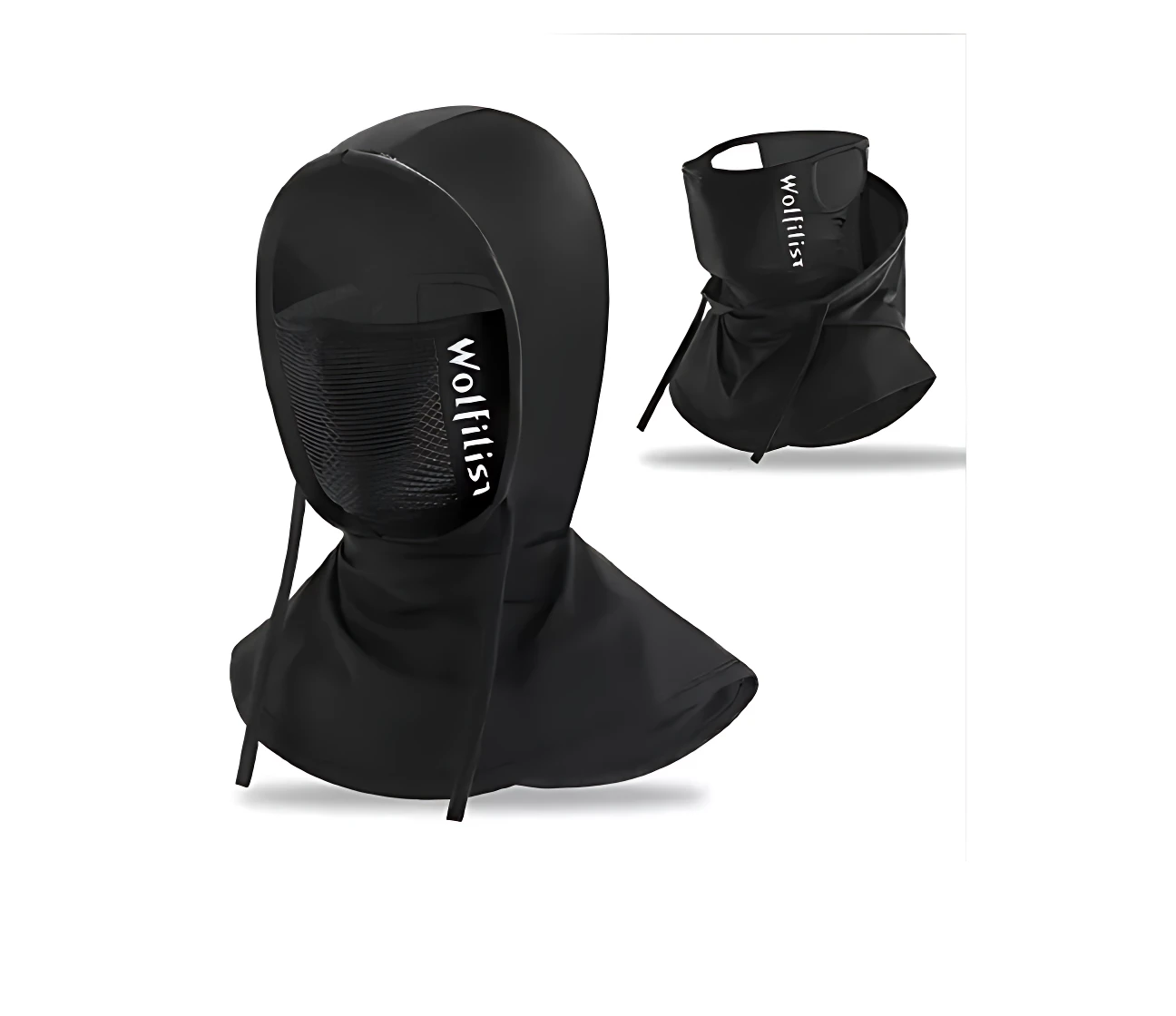 Balaclava negra de ciclismo y senderismo con malla frontal para protección UV, vista frontal y lateral. Incluye cordones ajustables y logo visible.