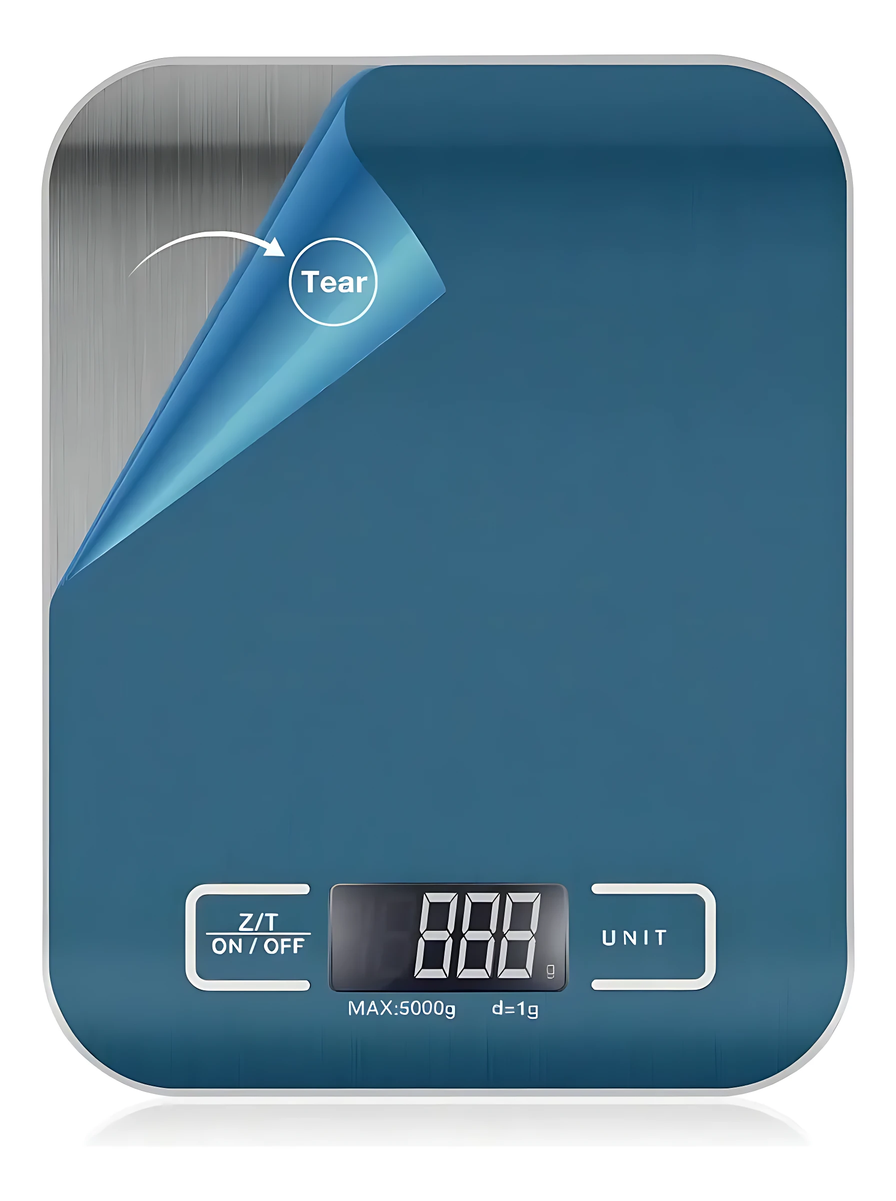 Balanza digital de cocina en acero inoxidable azul con pantalla LED y pegatina protectora en la esquina superior.