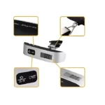 Báscula digital portátil GYNIPOT color blanco con detalles negros. Muestra gancho metálico, display LED y botón multifunción. Capacidad máxima de 50kg/110lb visible en la carcasa.