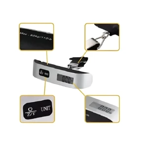 Báscula digital portátil GYNIPOT color blanco con detalles negros. Muestra gancho metálico, display LED y botón multifunción. Capacidad máxima de 50kg/110lb visible en la carcasa.