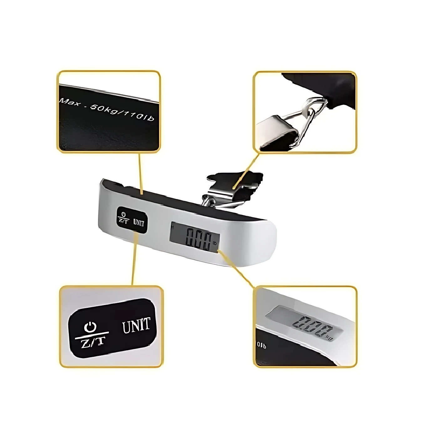 Báscula digital portátil GYNIPOT color blanco con detalles negros. Muestra gancho metálico, display LED y botón multifunción. Capacidad máxima de 50kg/110lb visible en la carcasa.