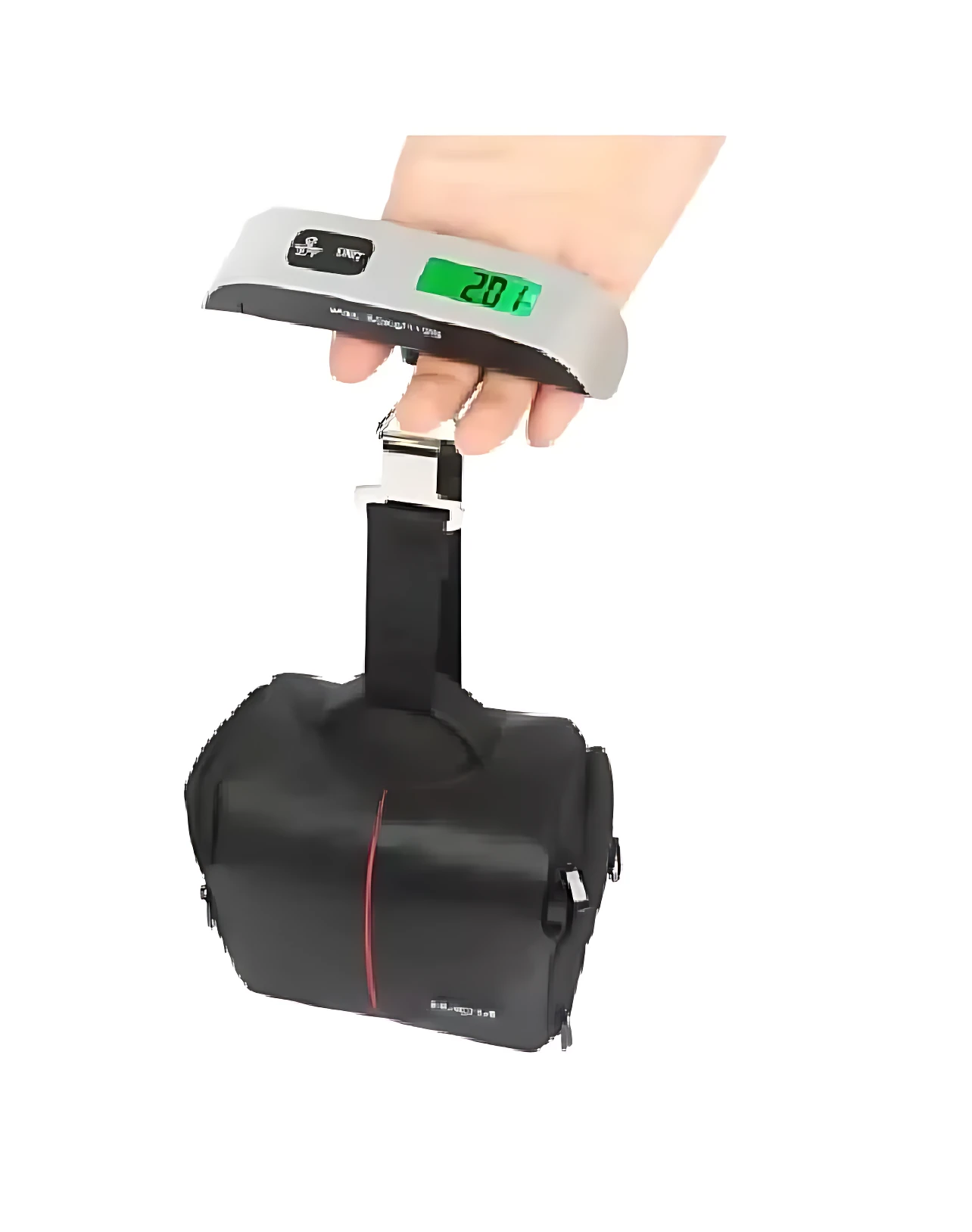 Báscula digital portátil GYNIPOT gris y negra en mano, midiendo 20.1 kg una bolsa de viaje negra. Herramienta para pesar equipaje de mano.