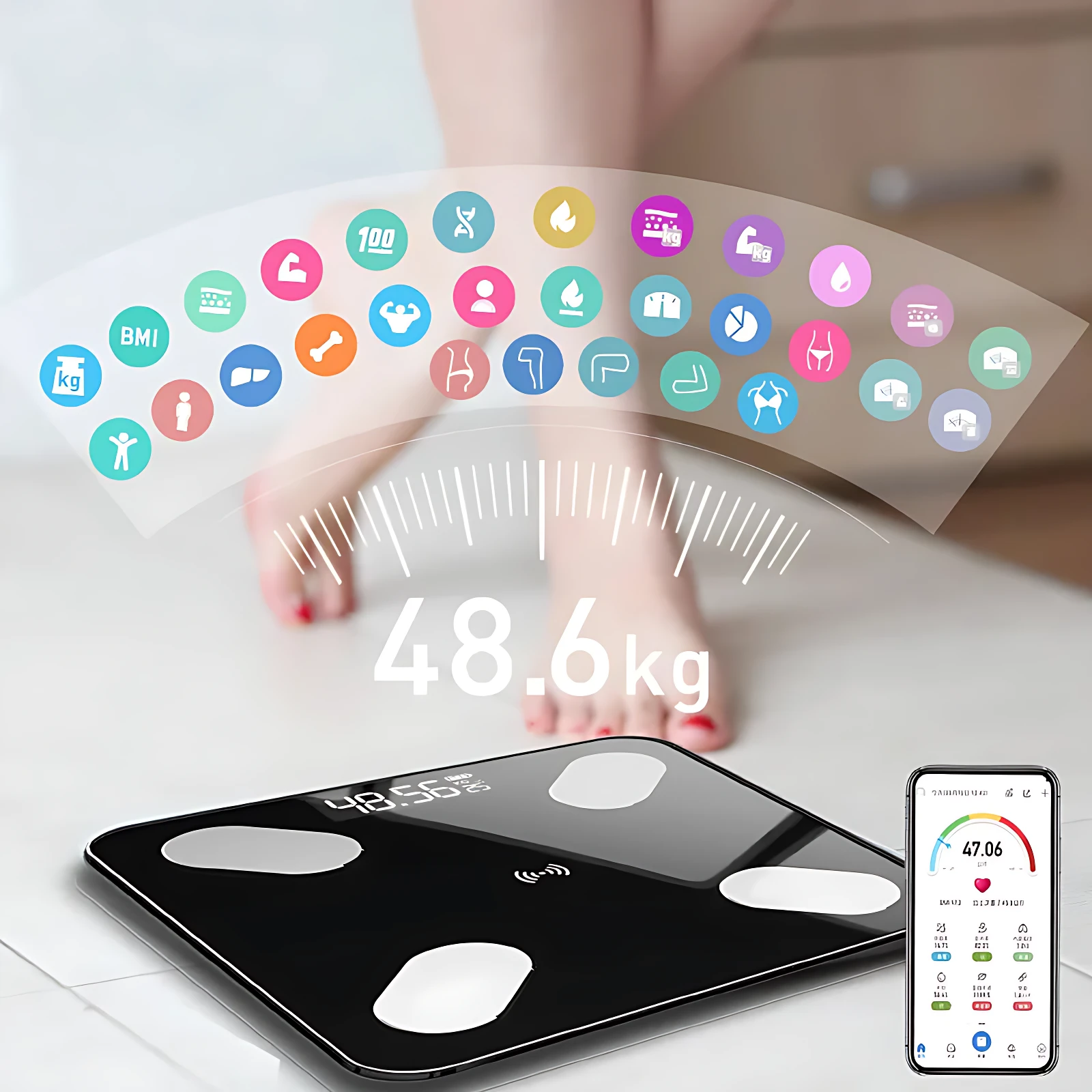 Báscula digital negra con pantalla táctil, muestra 48.6 kg y datos de composición corporal en app móvil.