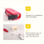Batidoras eléctricas portátiles rojas y plateadas, una mostrando el compartimento de baterías, ideales para batir huevos, café y leche.