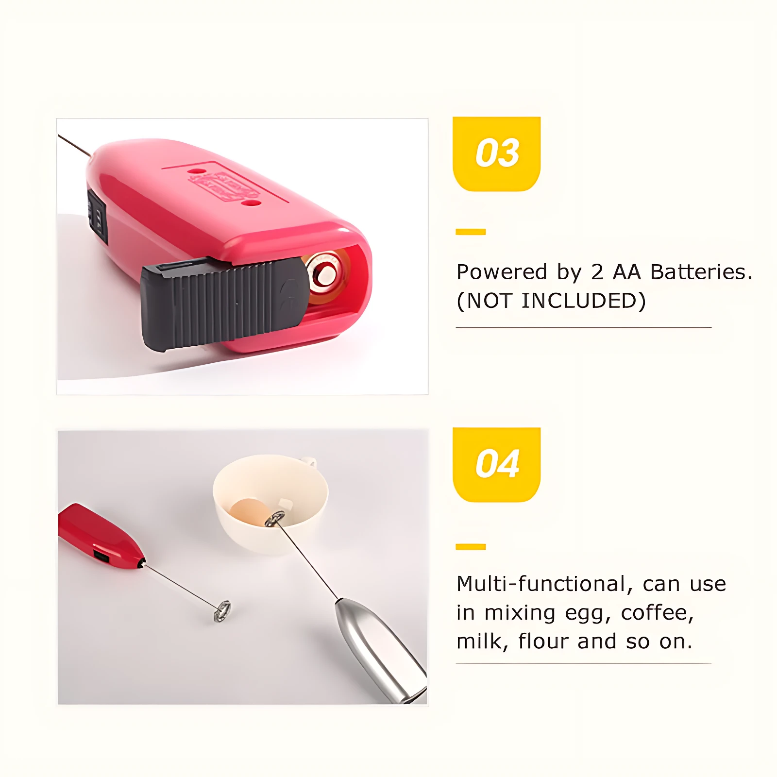 Batidoras eléctricas portátiles rojas y plateadas, una mostrando el compartimento de baterías, ideales para batir huevos, café y leche.