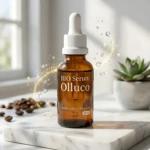 Frasco ámbar de Bio Serum Olluco 30 ml, revitalizante e hidratante, con gotas y brillo, sobre mármol, junto a granos de café y suculenta.