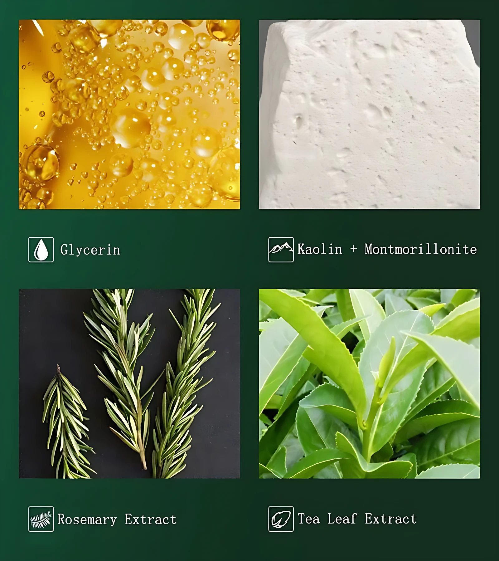 Glicerina, caolín, romero y té verde para mascarillas Bioaqua regeneradoras.