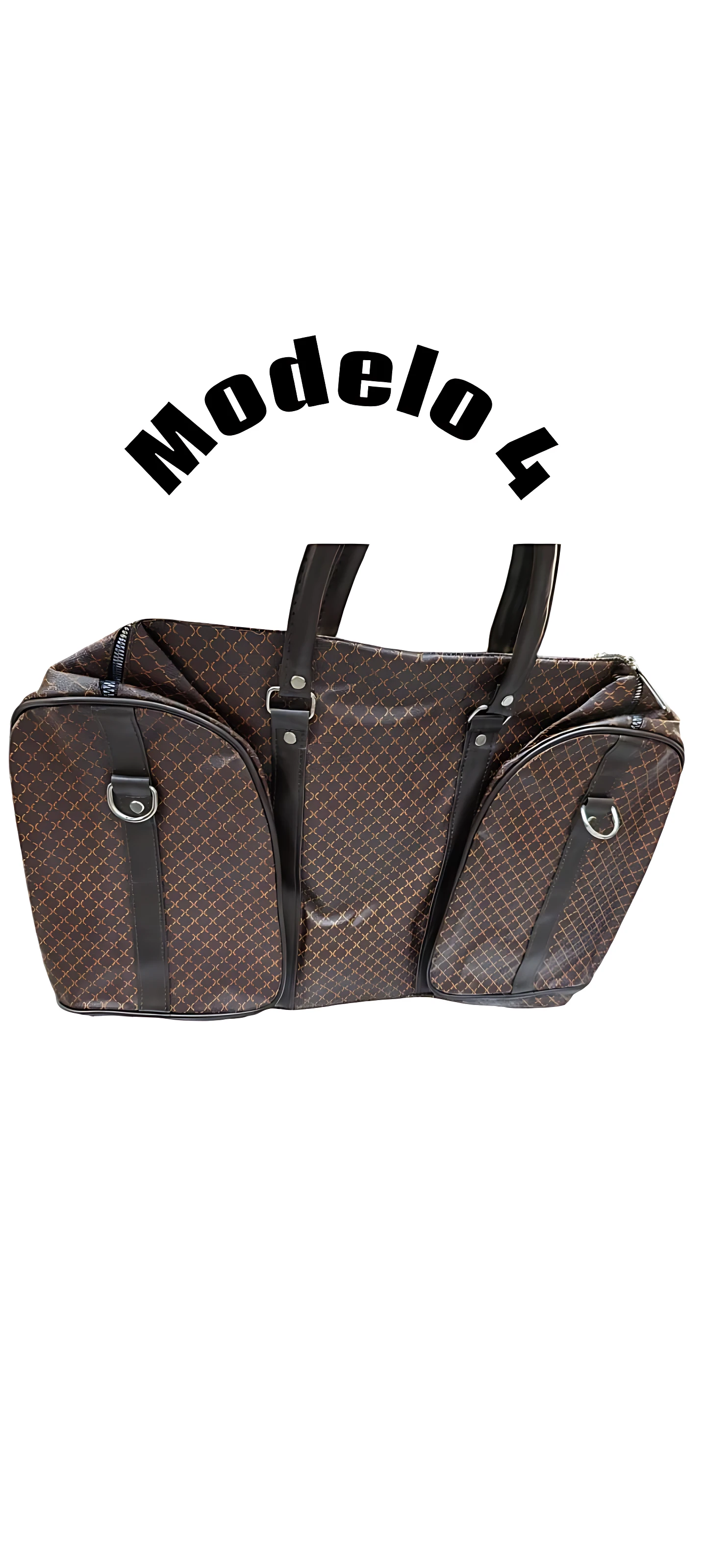Bolso viajero de cuero marrón con textura de cuadros, asas negras y detalles metálicos, modelo 4.