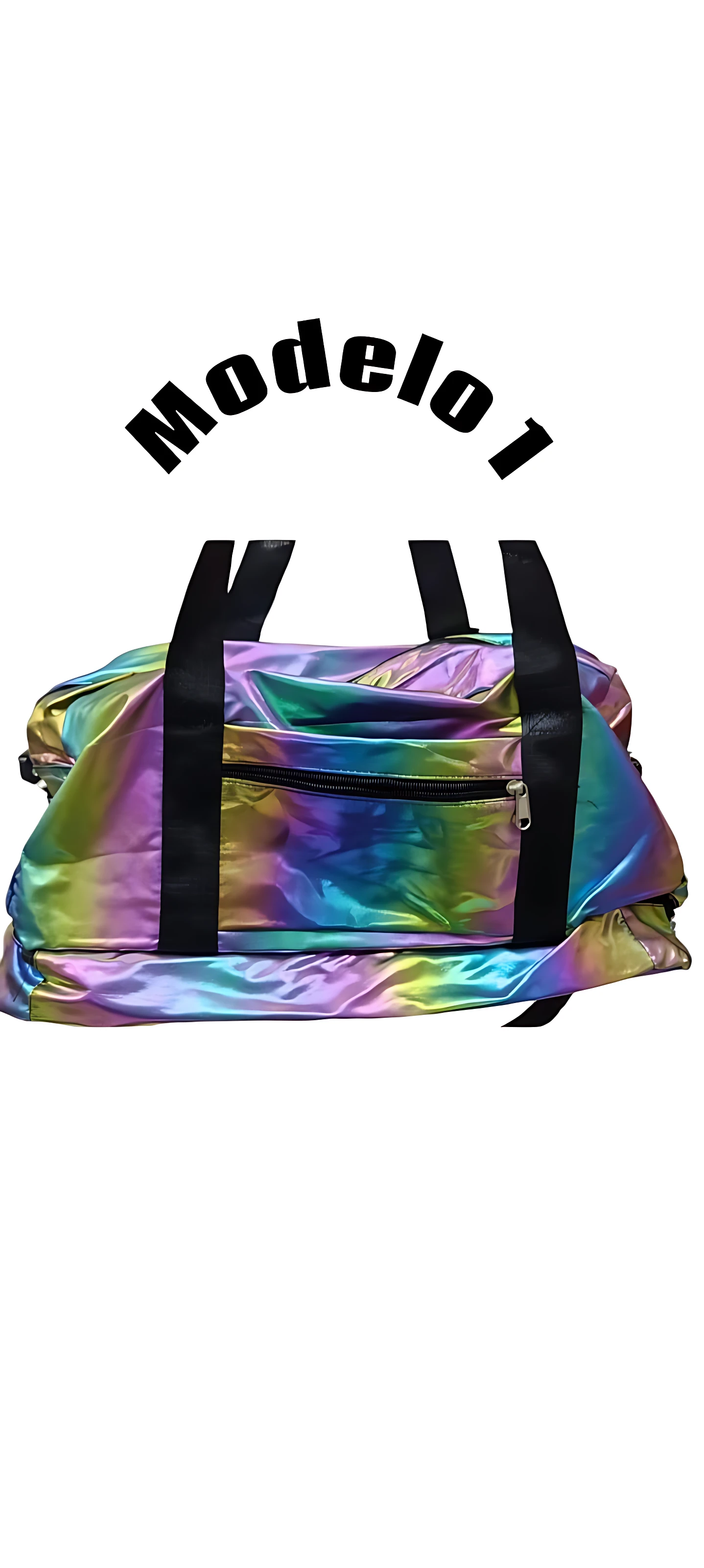 Bolso viajero de tela iridiscente con asas negras, modelo 1, ideal para transporte de equipaje personal.