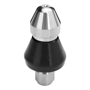Boquilla de limpieza de alta presión con punta cónica metálica plateada y cuerpo negro para desatascar tuberías y eliminar obstrucciones.