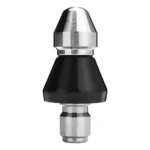 Boquilla de limpieza para chorro de alta presión con punta metálica cónica plateada y cuerpo negro mate, diseñada para desatascar tuberías y eliminar obstrucciones.