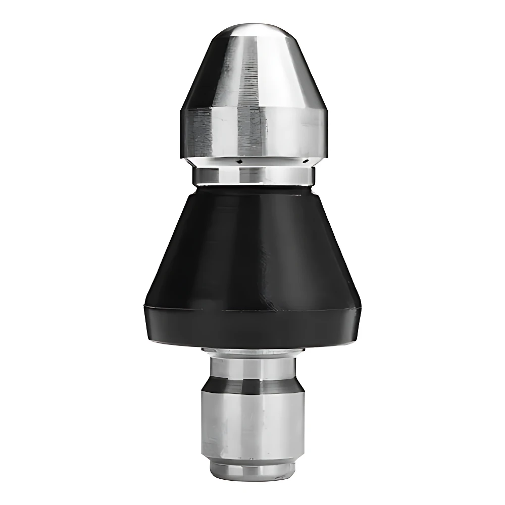 Boquilla de limpieza para chorro de alta presión con punta metálica cónica plateada y cuerpo negro mate, diseñada para desatascar tuberías y eliminar obstrucciones.