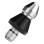 Boquilla de limpieza de alta presión con punta metálica plateada y cuerpo negro, accesorio para desatascar tuberías.
