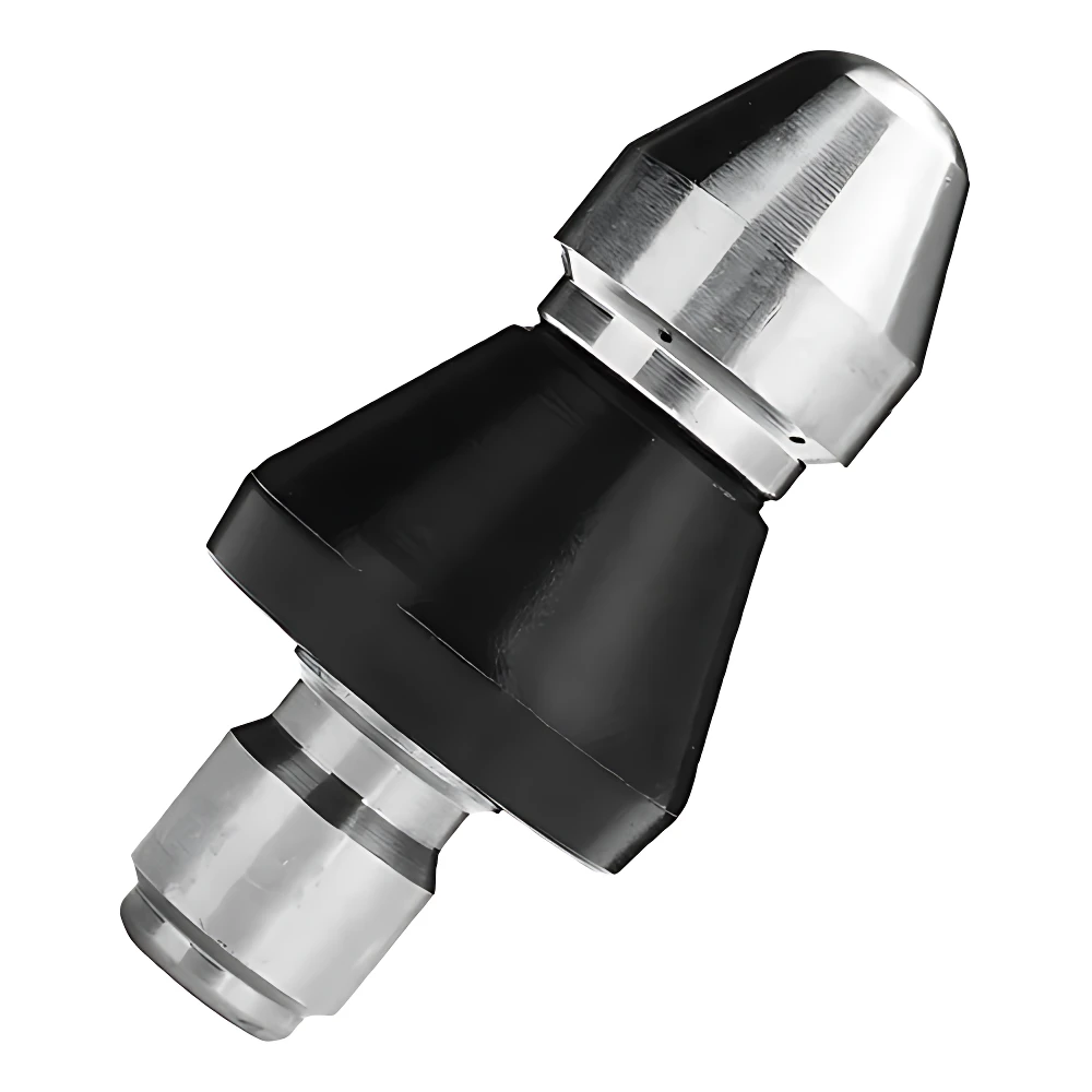 Boquilla de limpieza de alta presión con punta metálica plateada y cuerpo negro, accesorio para desatascar tuberías.