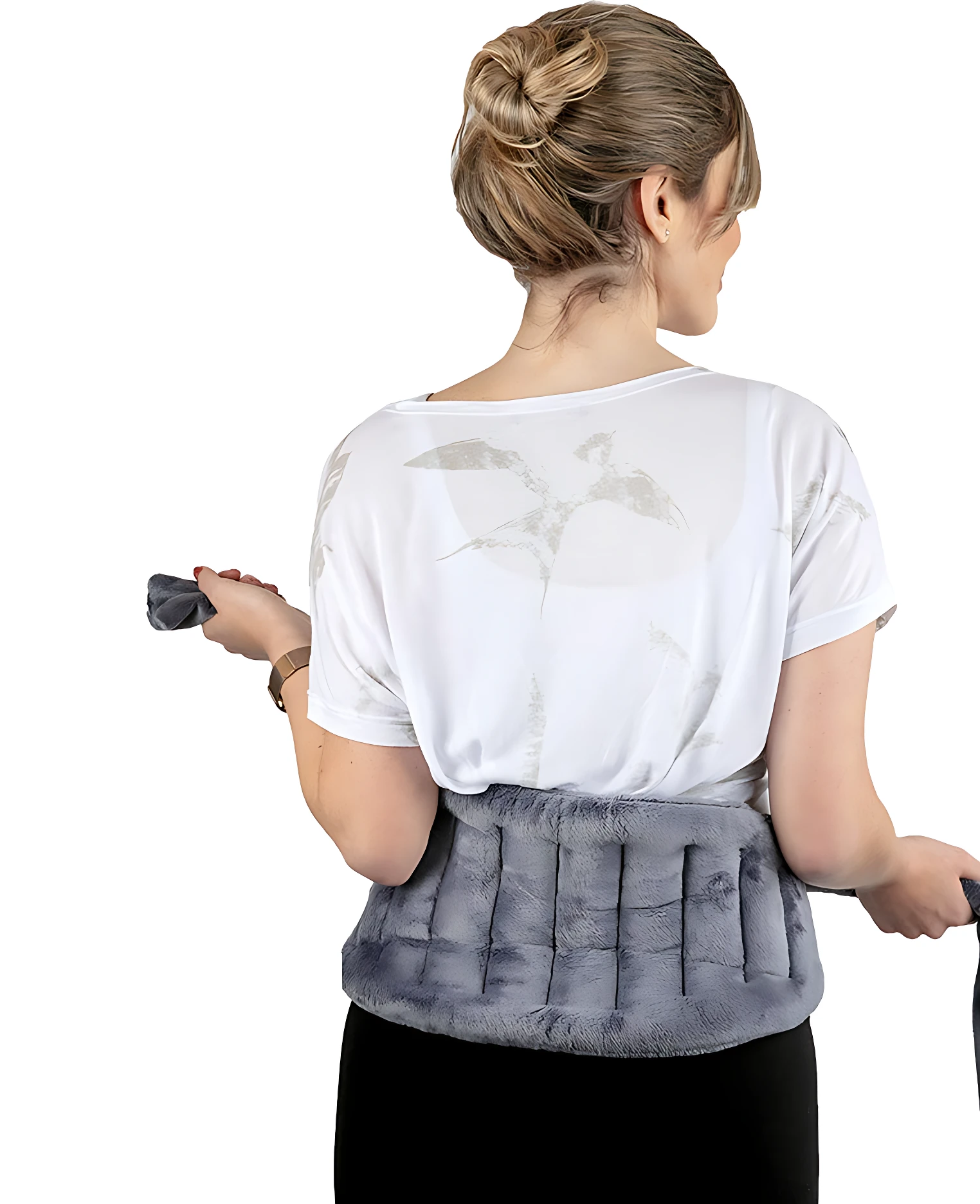 Bufanda térmica gris de peluche para aliviar dolor lumbar, con perlas de arcilla.