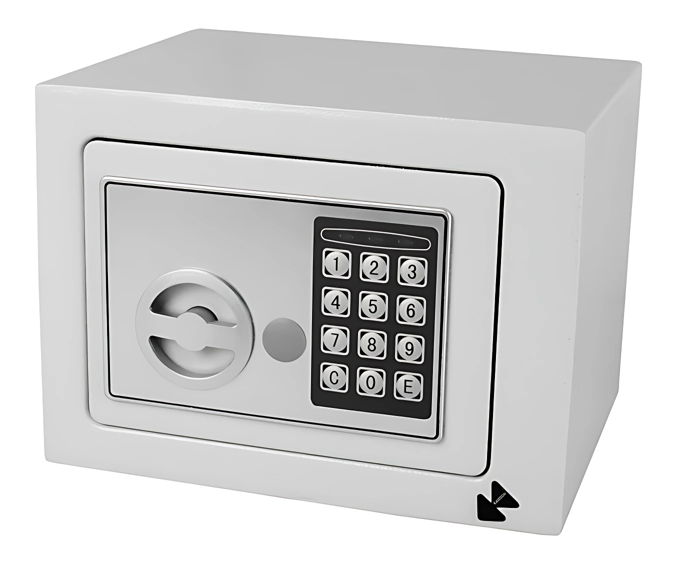 Caja fuerte digital pequeña de color blanco, con teclado numérico y cerradura de llave de respaldo, vista frontal en ángulo ligeramente elevado.