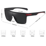 Gafas de sol negras deportivas con detalles rojos, medidas 147mm (total), 70mm (lente), 54mm (alto), 18mm (puente), 142mm (varilla).