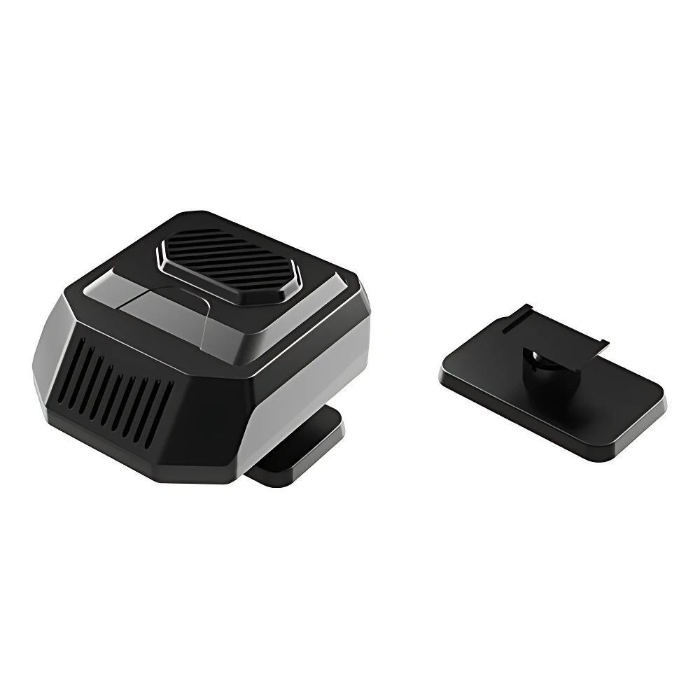 Calentador portátil de coche en color negro, con rejillas de ventilación visibles y base de sujeción separada, diseñado para desempañar y calentar la cabina.