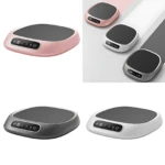 Calentador de tazas USB digital en rosa, gris y blanco, con control de temperatura y pantalla LED.