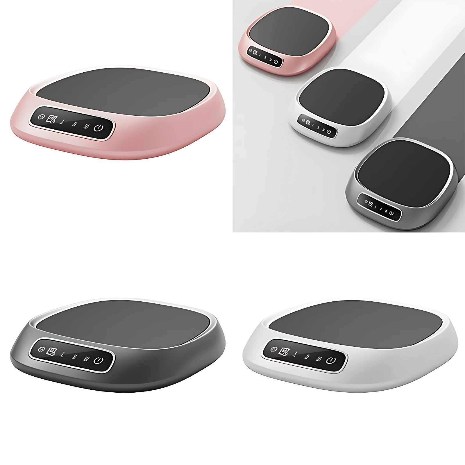 Calentador de tazas USB digital en rosa, gris y blanco, con control de temperatura y pantalla LED.