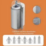 Calentador de tetero portátil inalámbrico en color gris claro, con detalles en blanco y textura suave. Compatible con botellas de menos de 2.5 pulgadas de diámetro.
