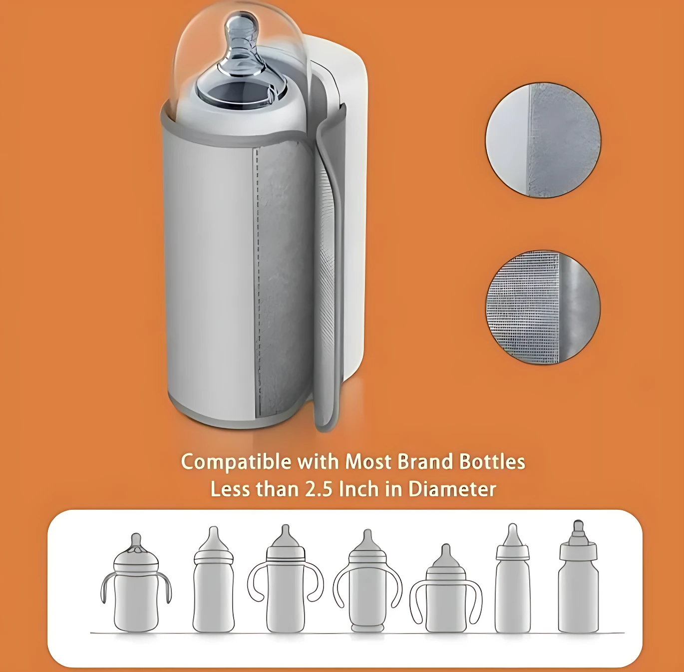 Calentador de tetero portátil inalámbrico en color gris claro, con detalles en blanco y textura suave. Compatible con botellas de menos de 2.5 pulgadas de diámetro.