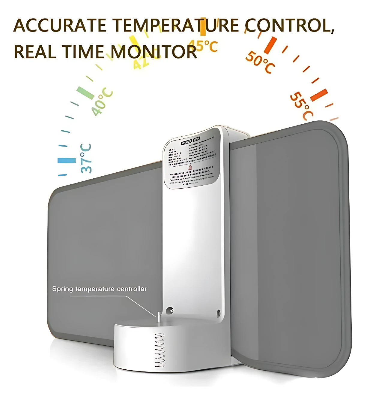 Calentador de tetero portátil inalámbrico en color gris con panel lateral abierto, mostrando termostato de resorte y escala de temperatura de 37°C a 55°C.