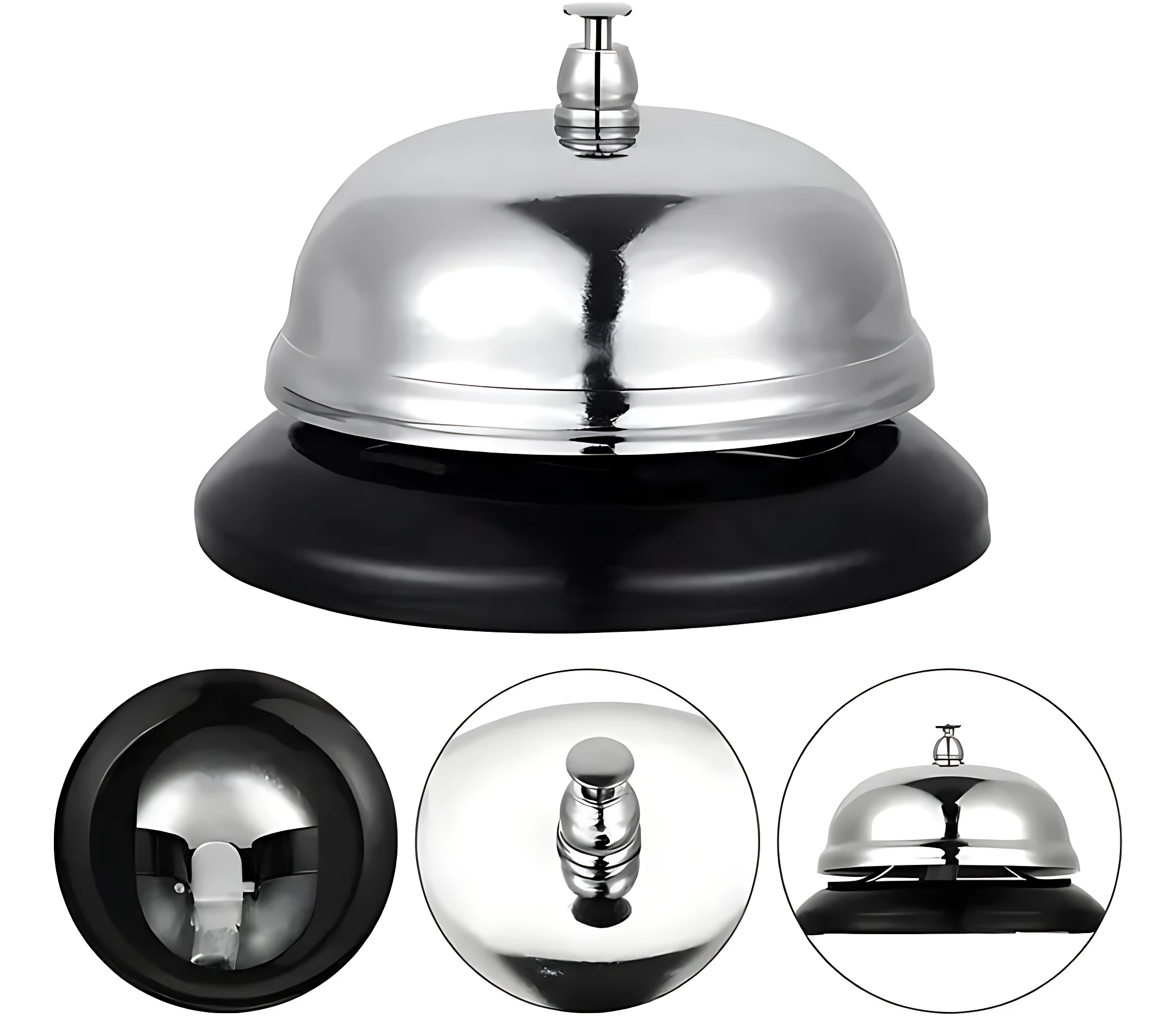 Campana de servicio plateada y negra para hotel, con base redonda y botón superior.