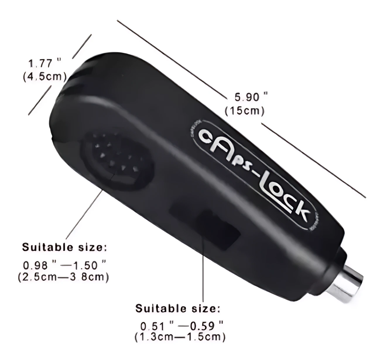 Candado de manillar negro con medidas visibles: 5.90 pulgadas de largo, 1.77 pulgadas de ancho y 0.98 a 1.50 pulgadas de grosor. Incluye logotipo cAps-Lock y dimensiones en centímetros.