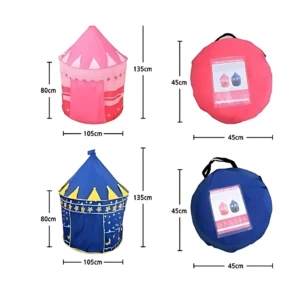 Carpa castillo infantil en rosa y azul, con medidas de 105x80x135 cm. Incluye bolsa de transporte de 45 cm de diámetro.