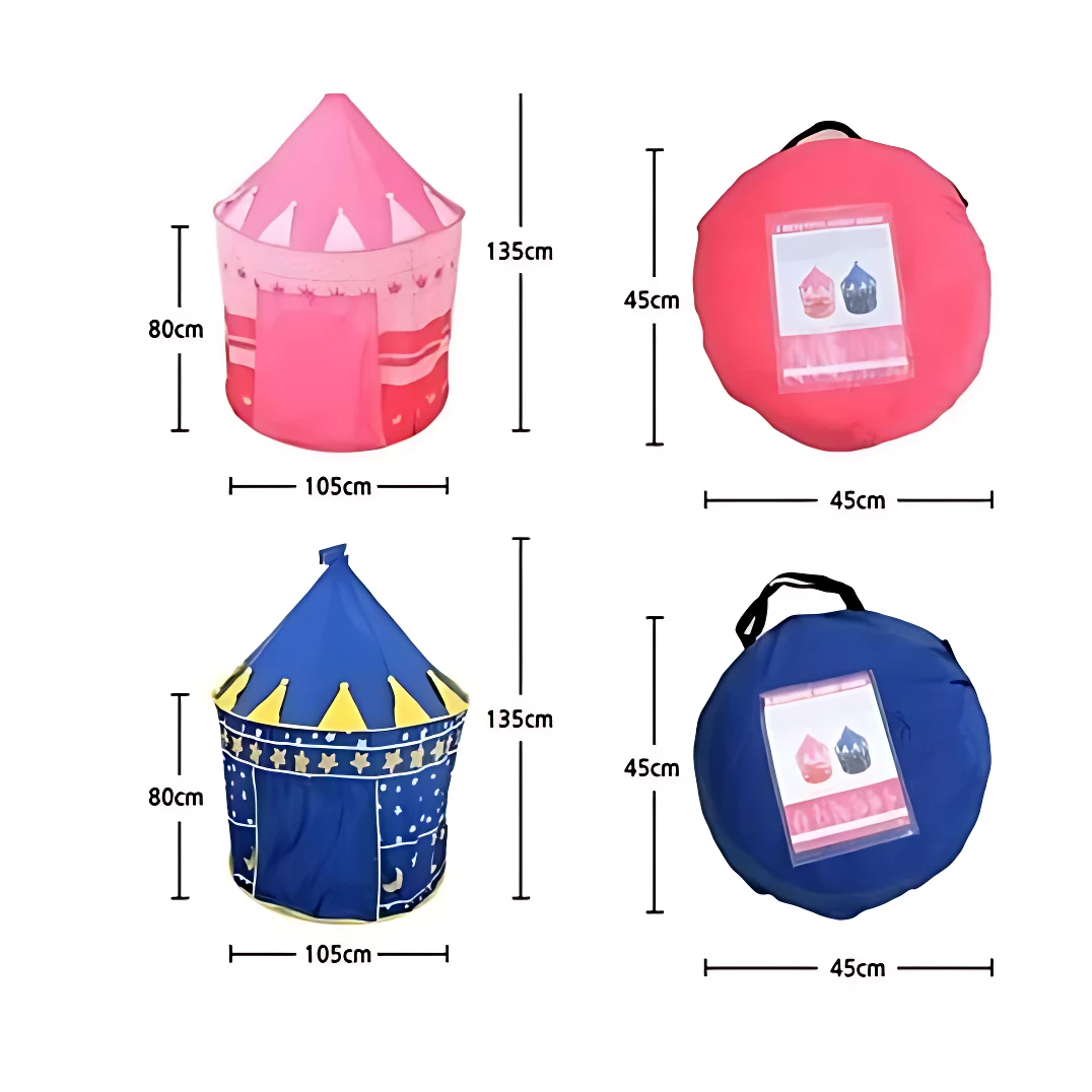 Carpa castillo infantil en rosa y azul, con medidas de 105x80x135 cm. Incluye bolsa de transporte de 45 cm de diámetro.