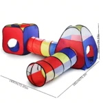 Carpa modular para niños con túnel de colores rojo, azul y amarillo, medidas 183x191 cm, ideal para juegos y desarrollo motor.