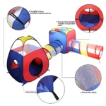 Carpa modular para niños con túnel de colores, malla transpirable y cuerdas duraderas; ideal para juegos activos en interiores o exteriores.