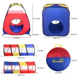Carpa modular para niños con túnel y tienda de campaña en colores rojo, azul y amarillo; incluye dimensiones visibles y bolsa de transporte con logo EocuSun.
