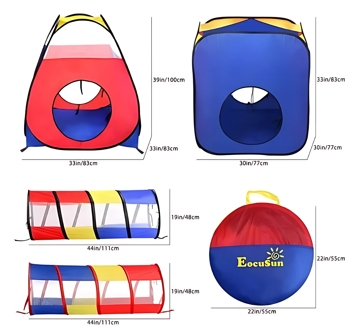 Carpa modular para niños con túnel y tienda de campaña en colores rojo, azul y amarillo; incluye dimensiones visibles y bolsa de transporte con logo EocuSun.