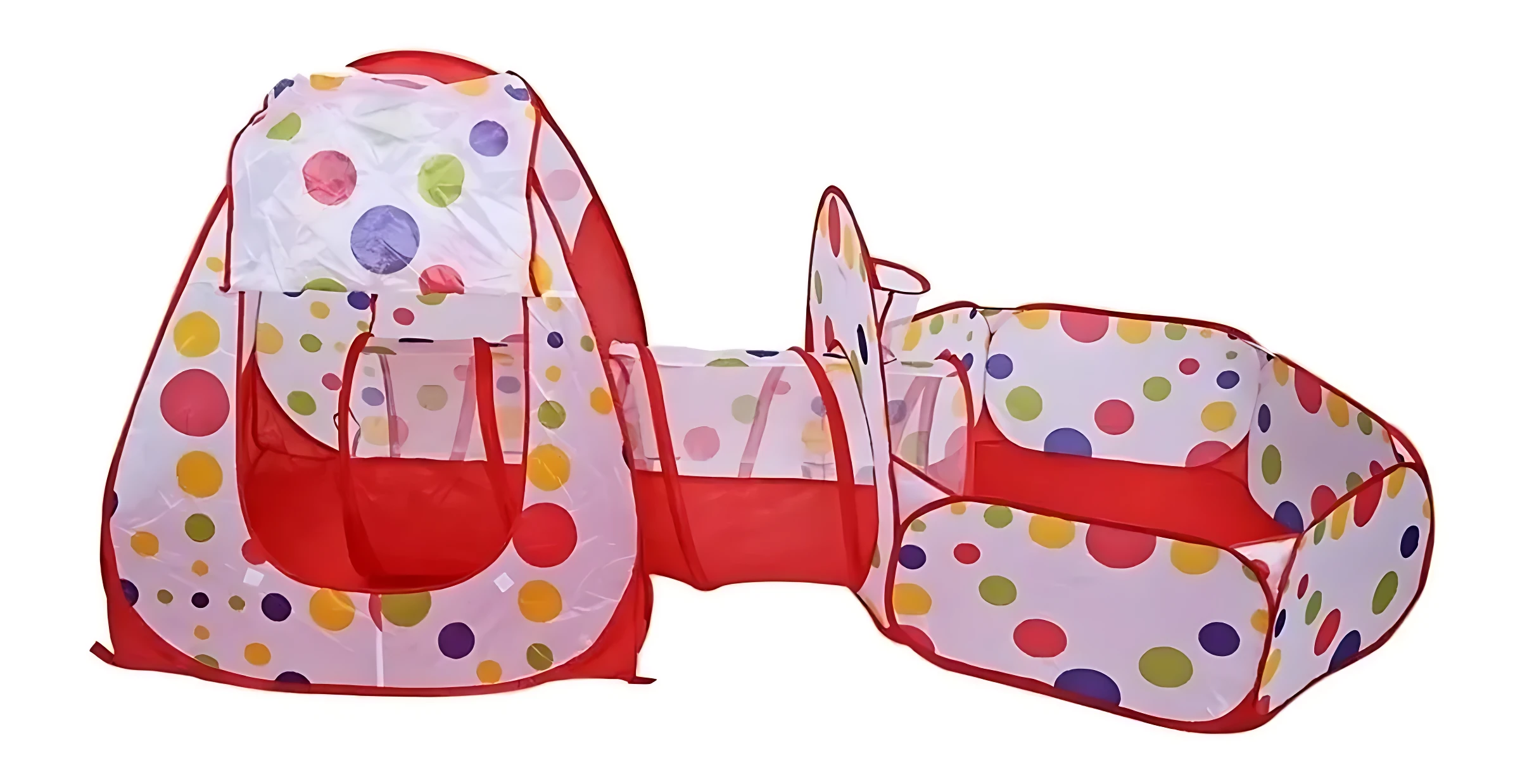 Carpa de juego infantil con túnel y canasta de baloncesto, diseño con lunares multicolores sobre fondo blanco y detalles en rojo.
