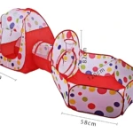 Carpa de juego infantil con túnel y canasta de baloncesto, diseño polka dots en rojo y blanco, medidas 95x90 cm, ideal para espacios seguros de juego.