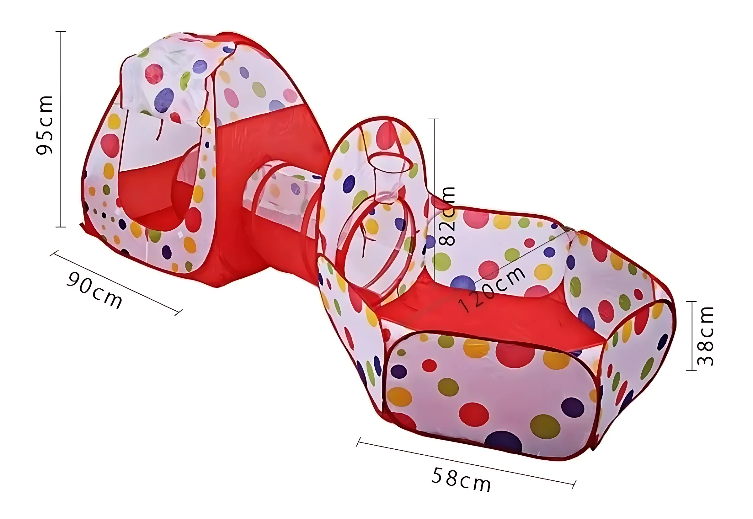 Carpa de juego infantil con túnel y canasta de baloncesto, diseño polka dots en rojo y blanco, medidas 95x90 cm, ideal para espacios seguros de juego.